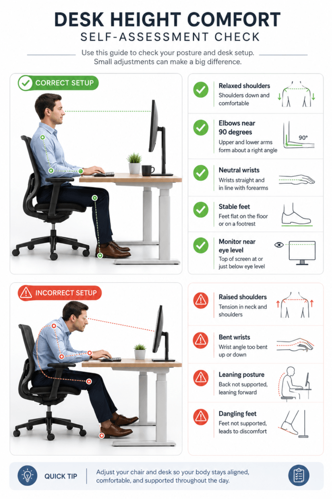 Ergonomic desk height self test checklist for posture shoulder wrist and monitor alignment