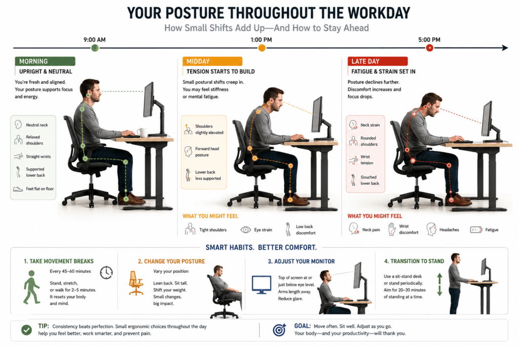 Dynamic ergonomic posture changes during a full computer workday