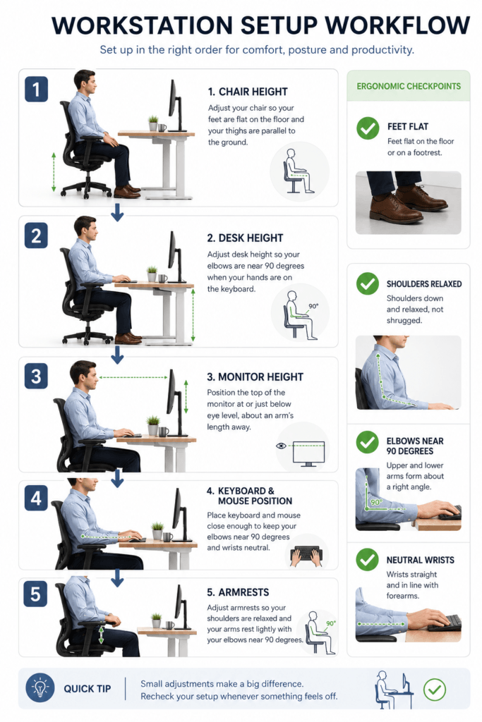 Step by step ergonomic workstation adjustment order for chair desk monitor keyboard and armrests