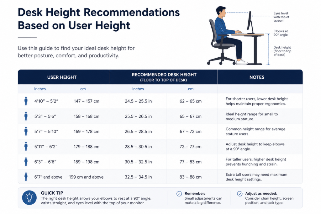 standard desk height chart inches and cm by person height