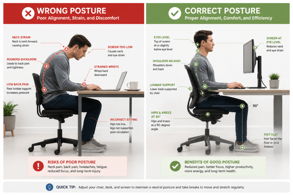 wrong vs correct desk posture ergonomic comparison
