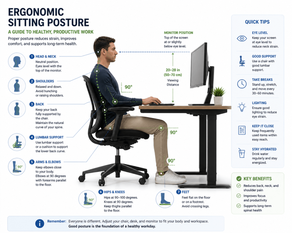 ergonomic desk setup angles elbows knees monitor alignment