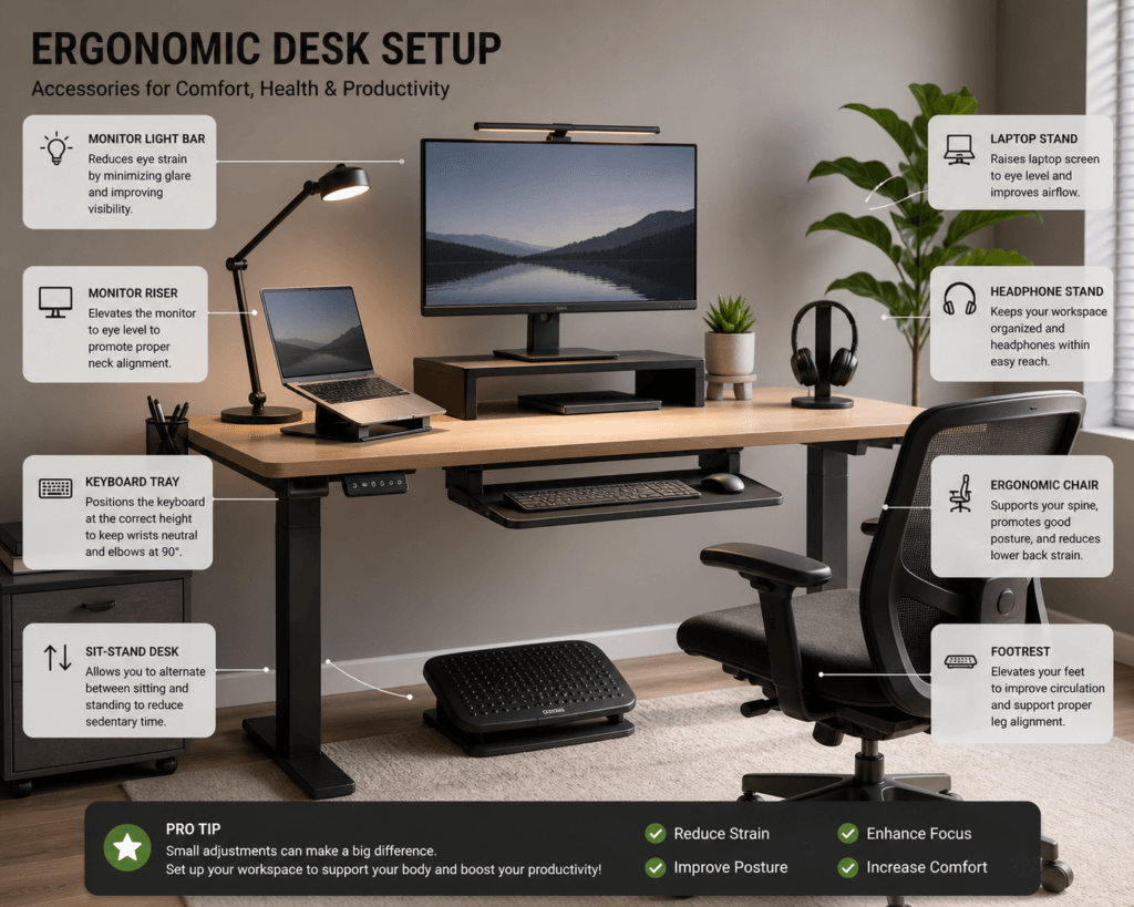desk setup with monitor riser footrest and ergonomic accessories