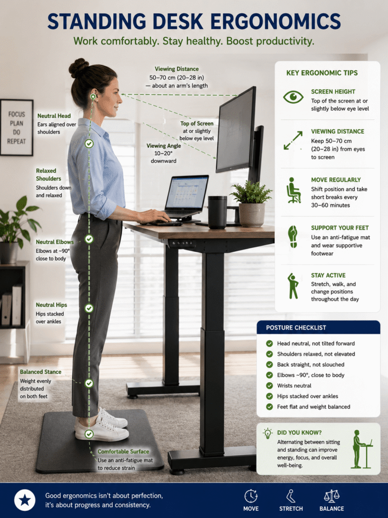 Correct standing desk posture and monitor alignment