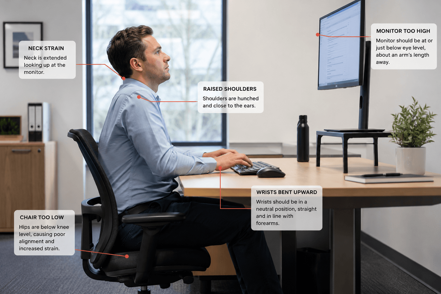 Office chair keeps sinking causing poor posture and ergonomic misalignment