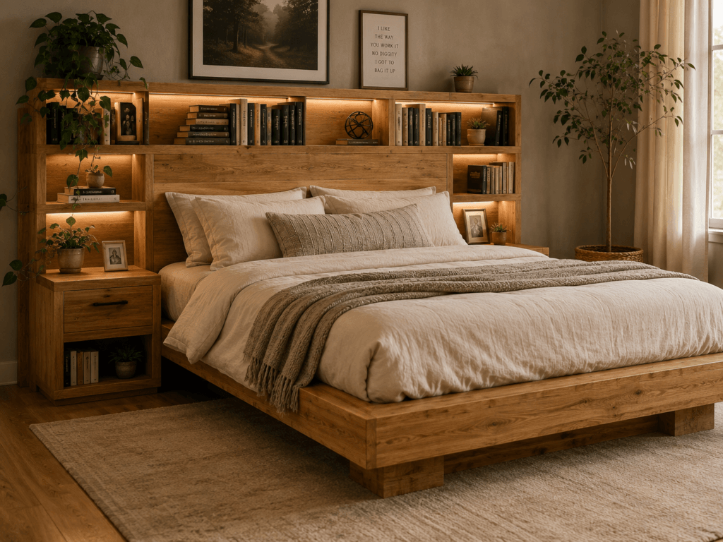 Bed Frame with Headboard Shelves