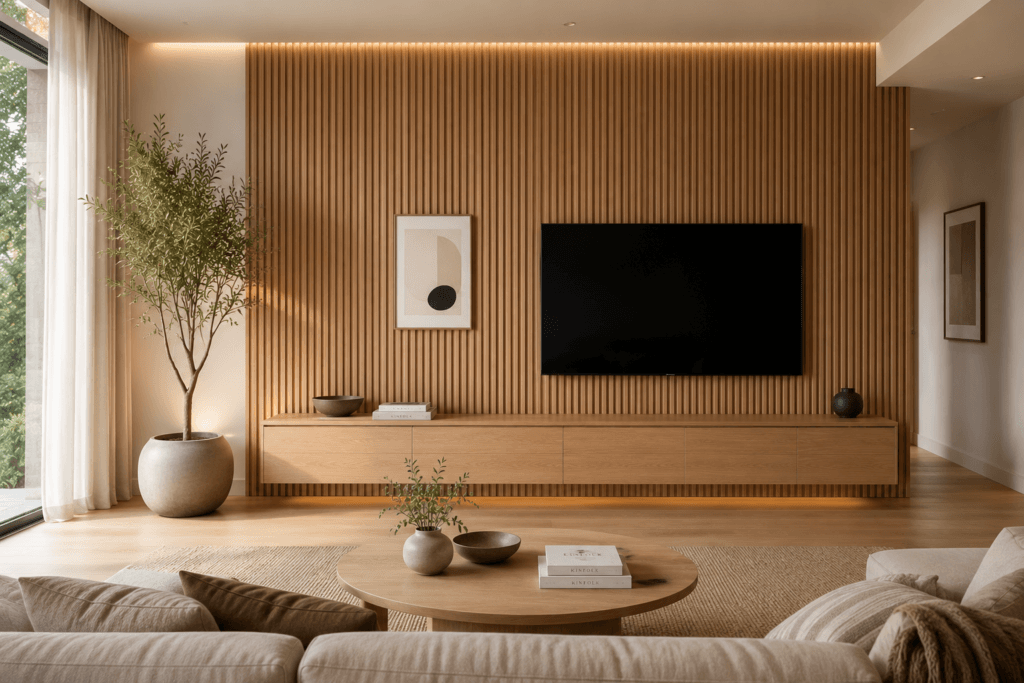 Vertical Wood Slat Feature Wall