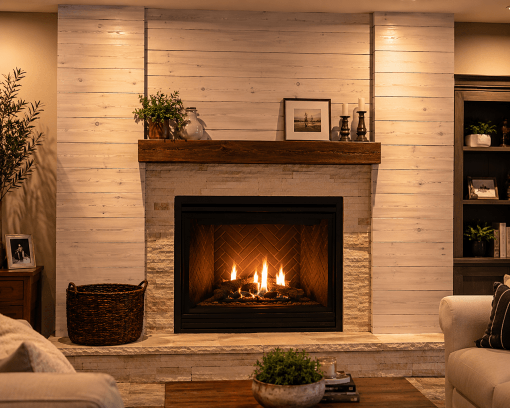 Whitewashed Pine Behind Fireplace