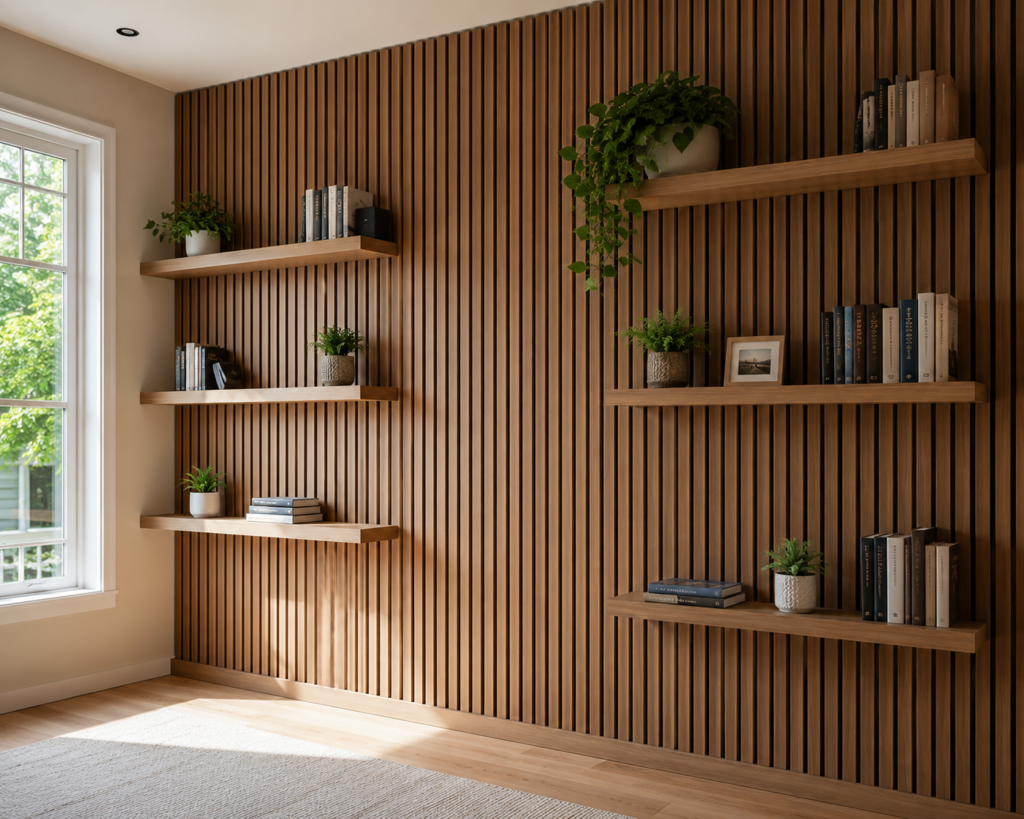 Full-Height Slats with Built-In Shelving