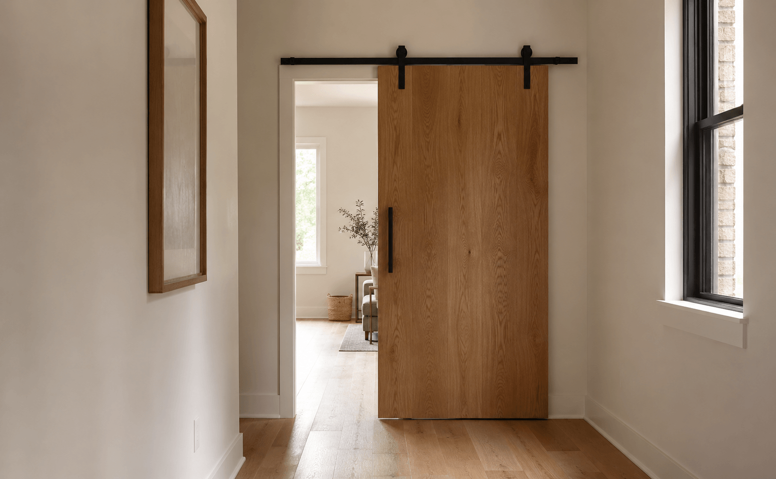 hallway door ideas — sliding barn door in narrow hallway
