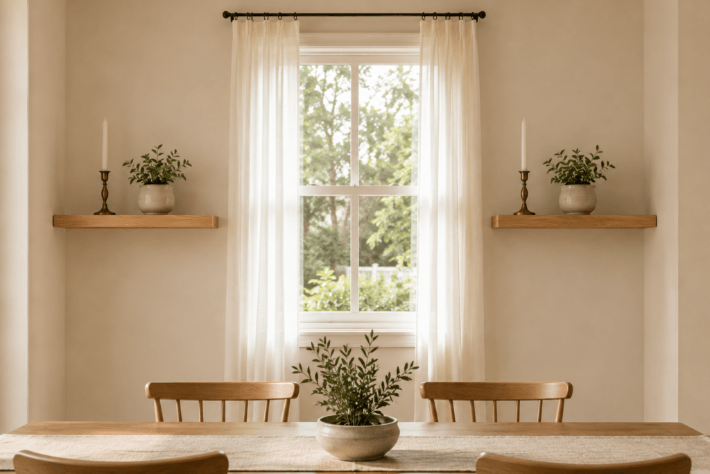 The shelves located on either side of a window or a mirror