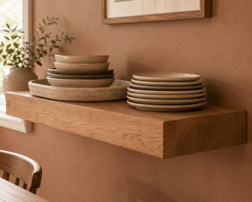 Shelves made of thick timber for serving trays
