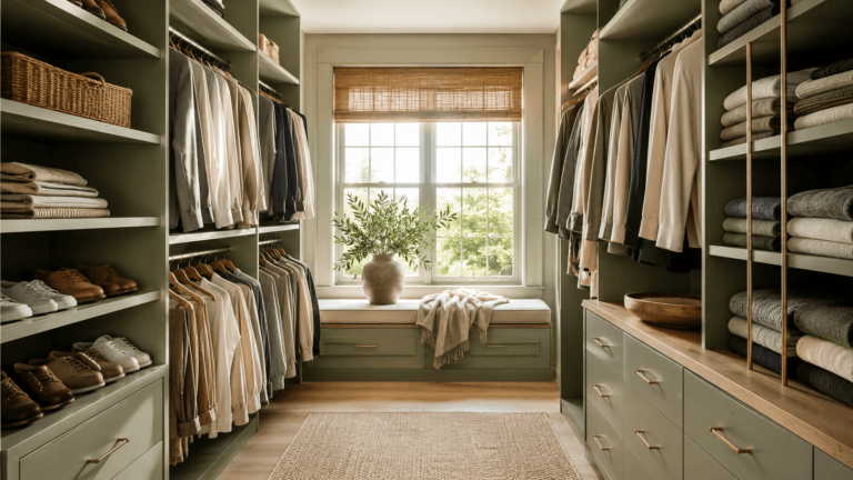 closet storage ideas with double rods and angled shoe shelving